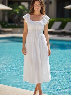 The Drop Melody Cap Sleeve Womens White Eyelet Midi Tie Front Dress  NWT Medium
